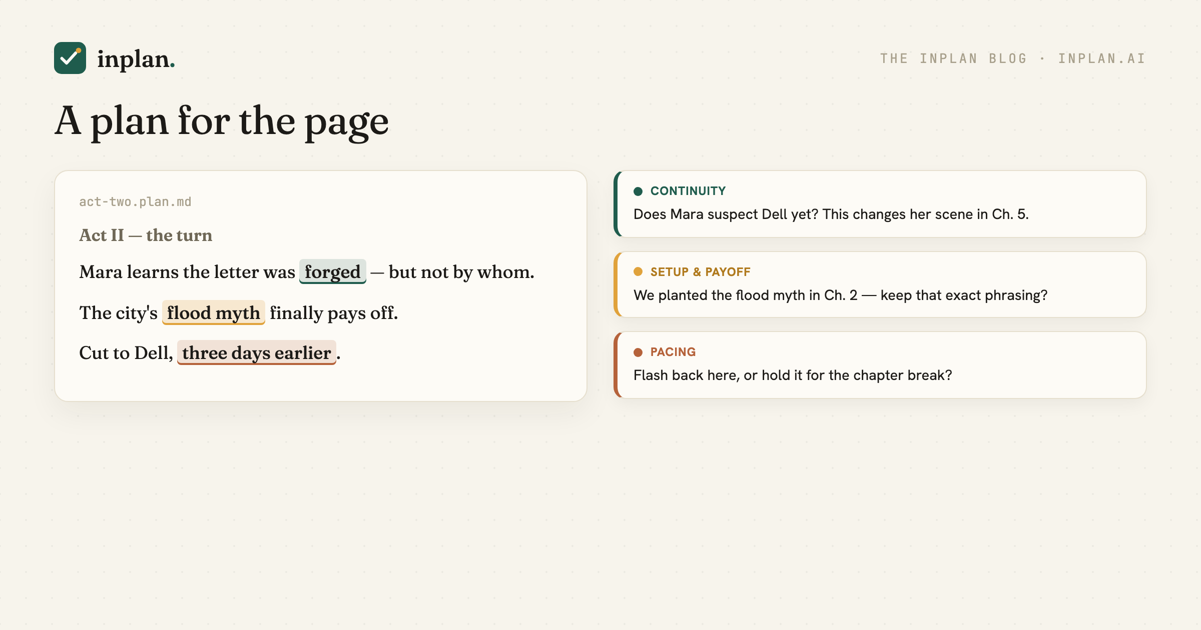 A manuscript outline with inline comment threads about continuity, setup, and pacing.