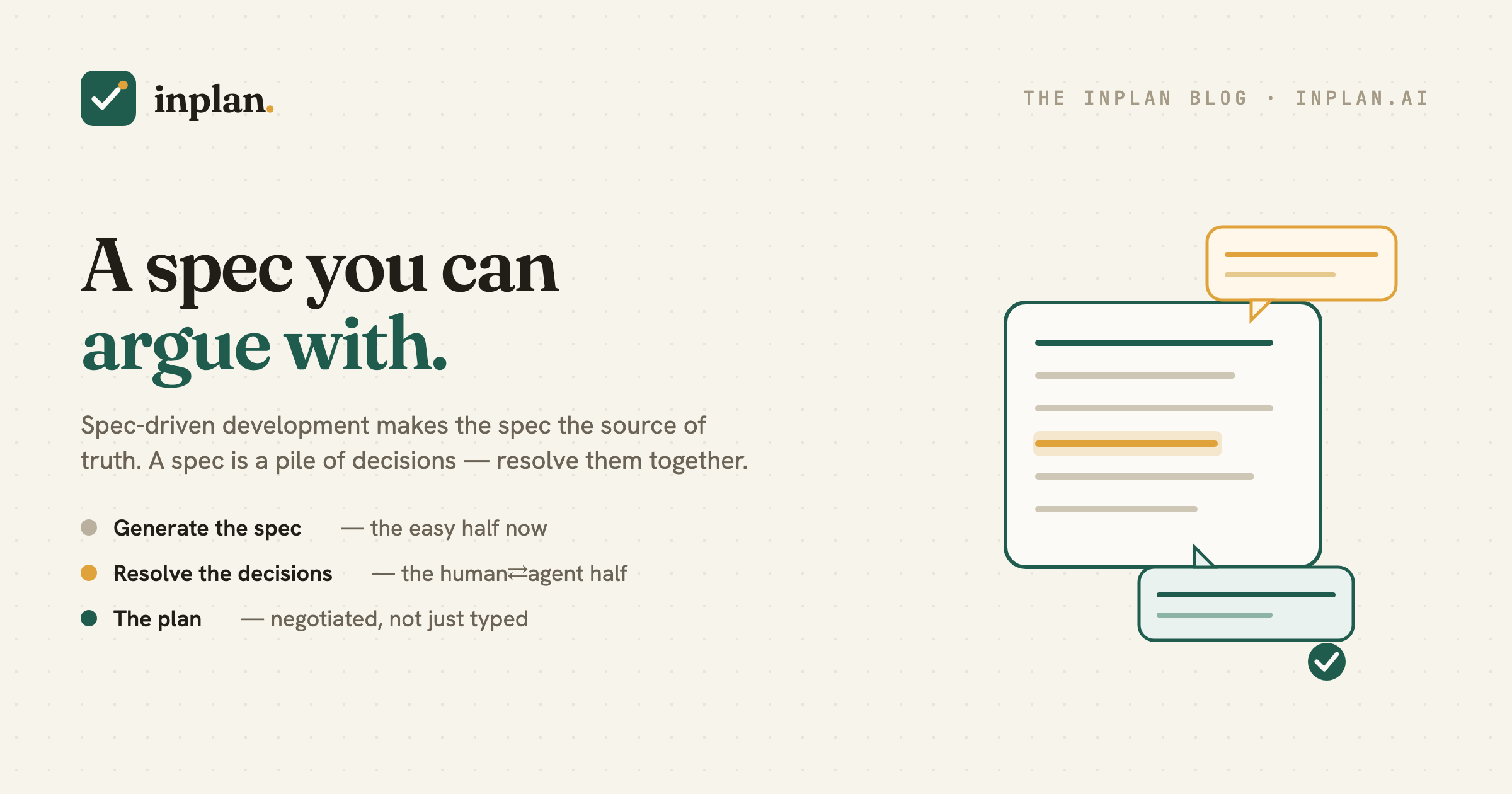 A plan document at the center with a human and an agent resolving inline comment threads before code is generated.
